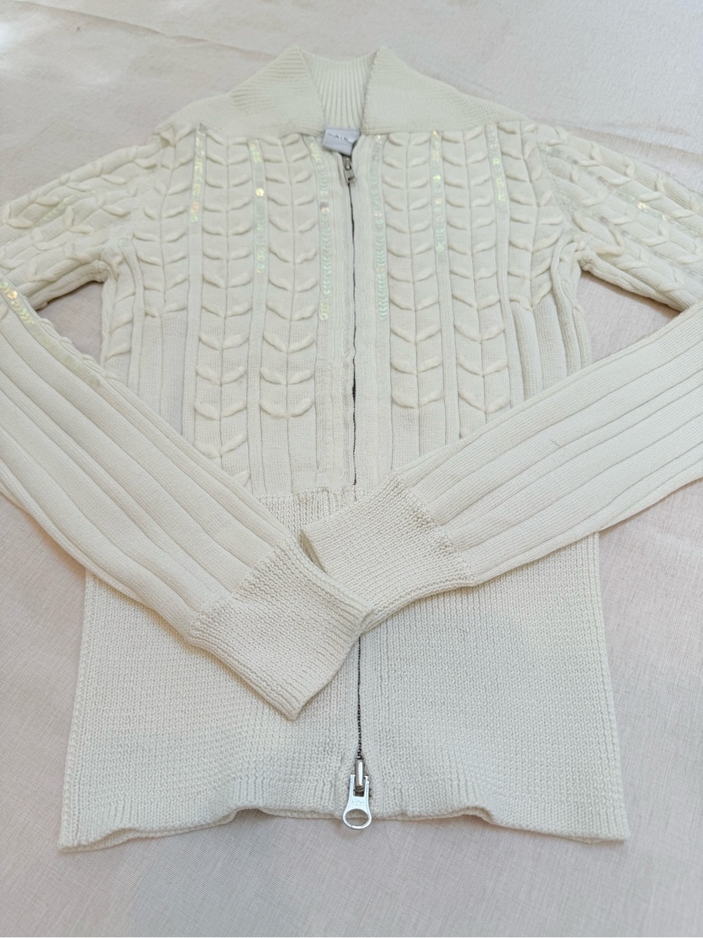Armani Exchange Ivory Sequin Cable Knit Zip Sweater S